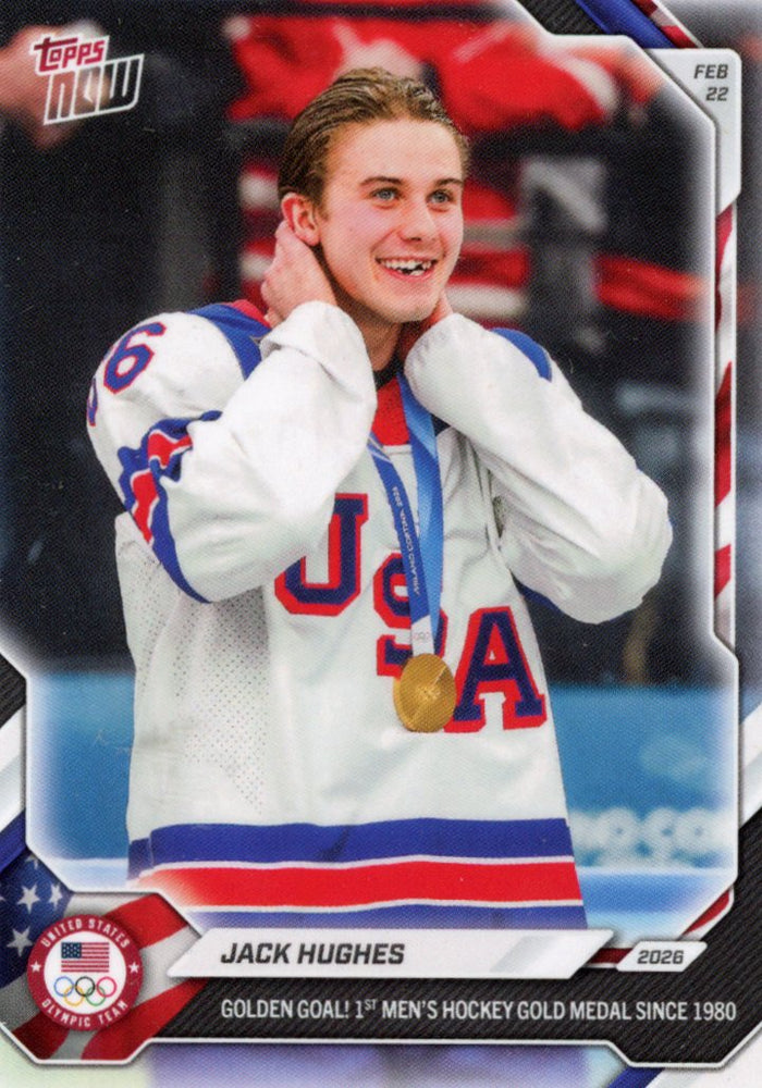 2026 Topps Now Olympics Jack Hughes #18-SP Image Variation Short Print Team USA Gold Medal Hockey Card