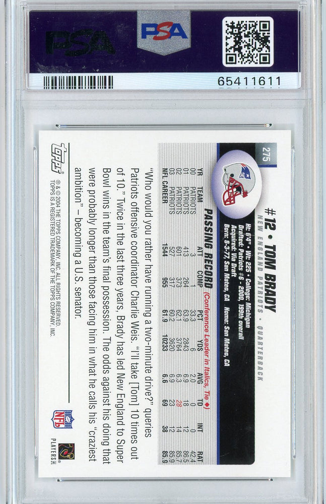 Graded 2004 Topps Collection Tom Brady #275 Football Card PSA 10 Gem Mint (ONLINE ORDER ONLY)