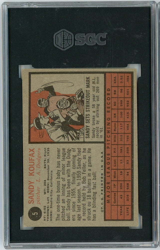 Graded 1962 Topps Sandy Koufax #5 Baseball Card SGC 5.5 Excellent+ (ONLINE ORDER ONLY)