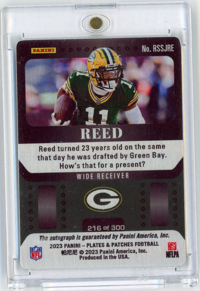 2023 Panini Plates & Patches Jayden Reed #RSSJRE Auto /300 Green Bay Packers Rookie RC Football Card