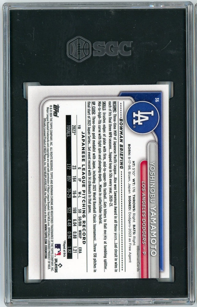 Graded 2024 Topps Bowman Mega Box Yoshinobu Yamamoto #36 Rookie RC Baseball Card SGC 9.5 Mint+ (ONLINE ORDER ONLY)