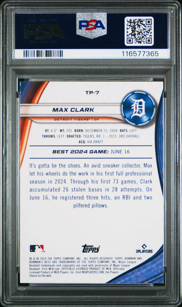 Graded 2024 Topps Bowmans Best Max Clark #TP7 Top Prospects Rookie RC Baseball Card PSA 10 Gem Mint (ONLINE ORDER ONLY)