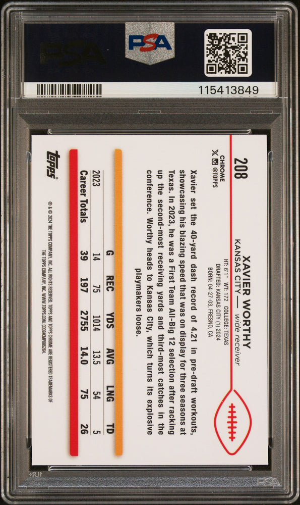 Graded 2024 Topps Chrome Xavier Worthy #208 Rookie RC Football Card PSA 9 Mint