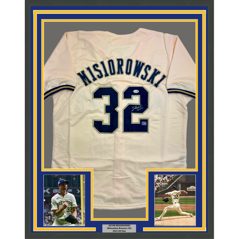 Framed Autographed/Signed Jacob Misiorowski 35x39 Milwaukee Cream Baseball Jersey JSA COA