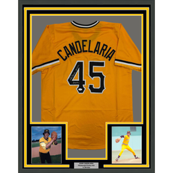 Framed Autographed/Signed John Candelaria 35x39 Pittsburgh Yellow Baseball Jersey JSA COA
