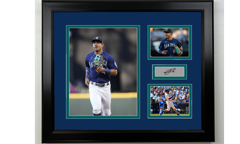 Framed Julio Rodriguez Seattle Mariners Facsimile Laser Engraved Signature Baseball 14x11 3 Photo Collage (ONLINE ORDER ONLY)