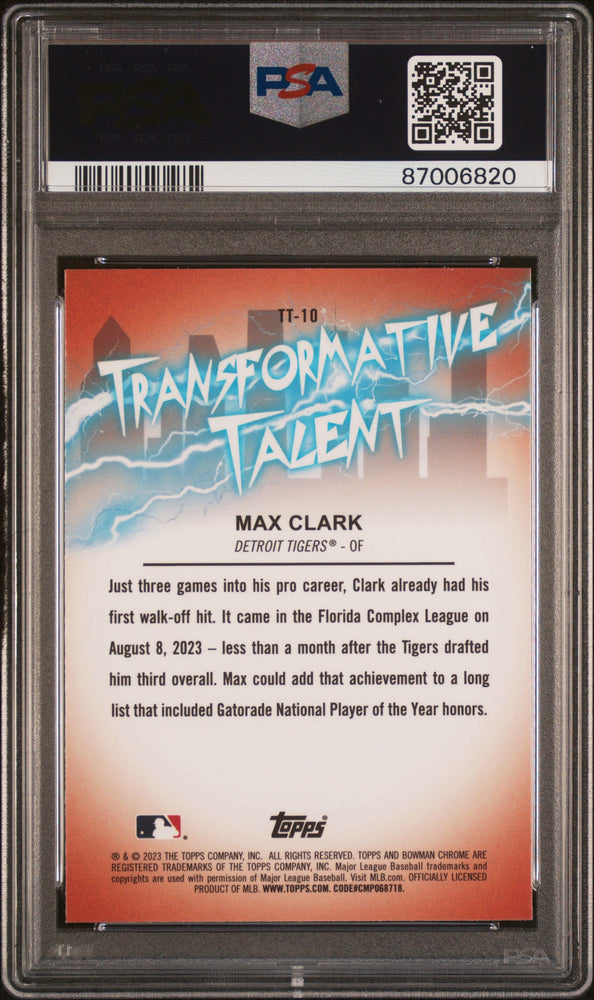 Graded 2023 Topps Bowman Draft Max Clark #TT10 Transformative Talent Rookie RC Baseball Card PSA 10 Gem Mint (ONLINE ORDER ONLY)