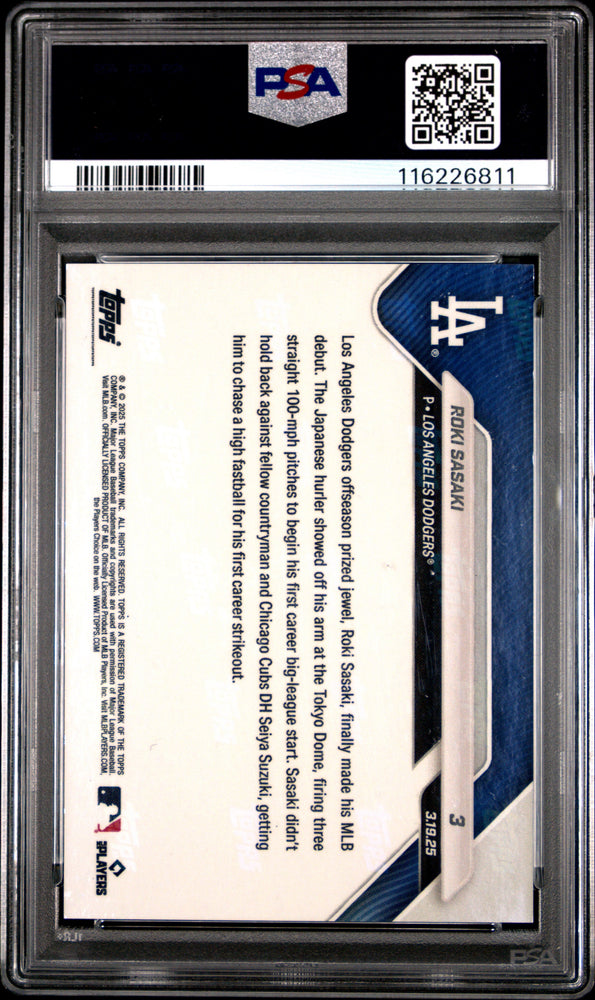 Graded 2025 Topps Now Roki Sasaki #3 Gold Foil /50 Rookie RC Baseball Card PSA 9 Mint (ONLINE ORDER ONLY)