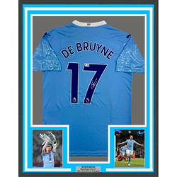Framed Autographed/Signed Kevin De Bruyne 35x39 Manchester City Blue Soccer Futbol Jersey Beckett BAS COA
