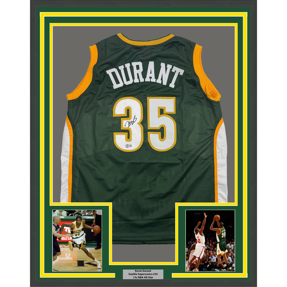Framed Autographed/Signed Kevin Durant 35x39 Seattle Green Basketball Jersey Beckett BAS COA (ONLINE ORDER ONLY)