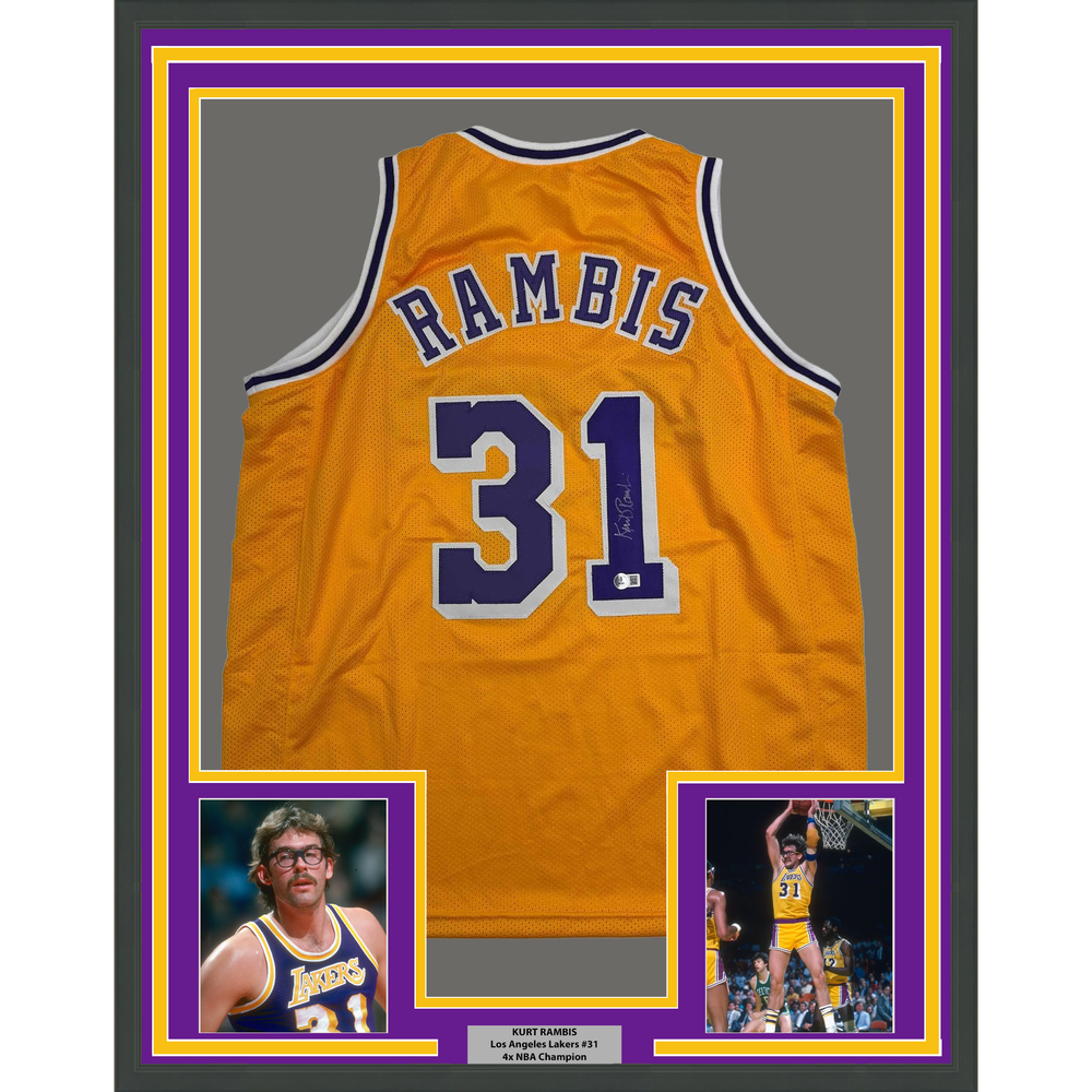Framed Autographed/Signed Kurt Rambis 35x39 Los Angeles LA Yellow Basketball Jersey Beckett BAS COA