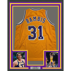 Framed Autographed/Signed Kurt Rambis 35x39 Los Angeles LA Yellow Basketball Jersey Beckett BAS COA