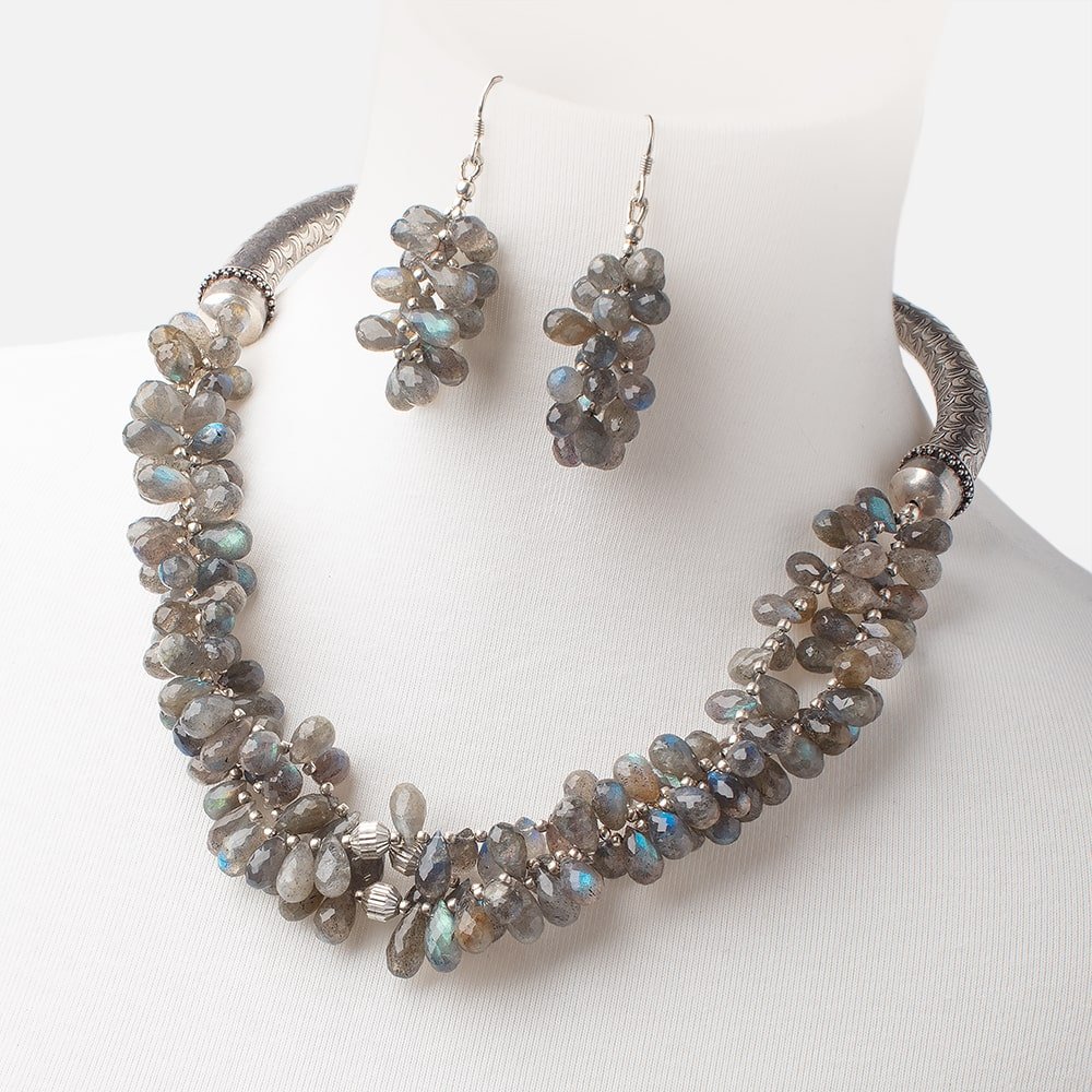 Labradorite Faceted Tear Drop Antiqued Silver Necklace and Earring Set AAA (ONLINE ORDER ONLY)