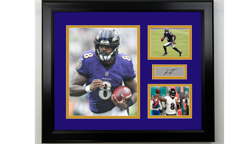 Framed Lamar Jackson Baltimore Ravens Facsimile Laser Engraved Signature Football 14x11 3 Photo Collage (ONLINE ORDER ONLY)