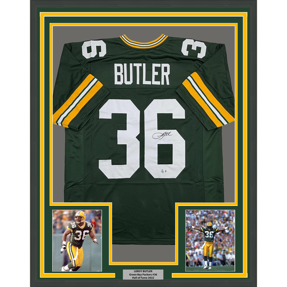 Framed Autographed/Signed Leroy Butler 35x39 Green Bay Green Football Jersey Beckett BAS COA