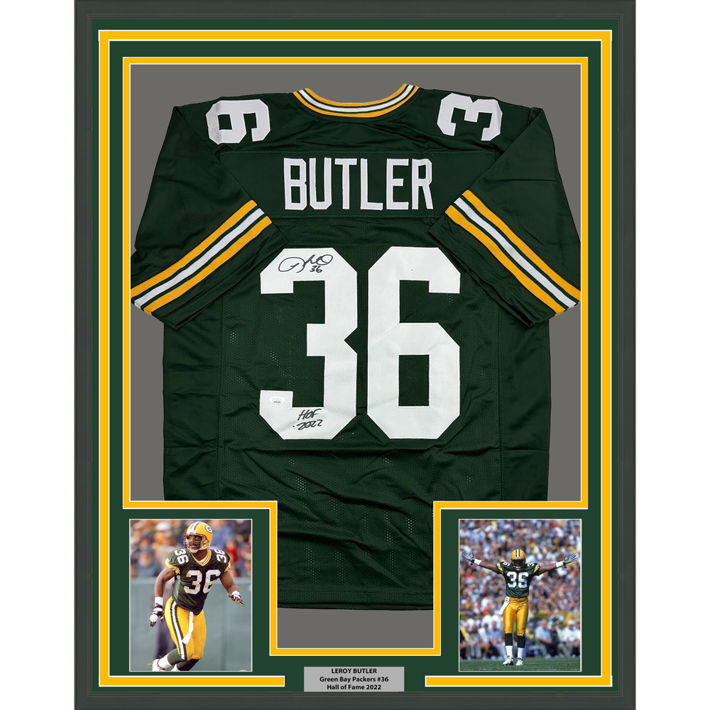 Framed Autographed/Signed Leroy Butler 35x39 HOF 2022 Green Bay Green Football Jersey JSA COA