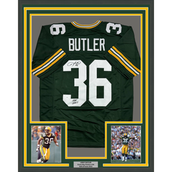Framed Autographed/Signed Leroy Butler 35x39 HOF 2022 Green Bay Green Football Jersey JSA COA