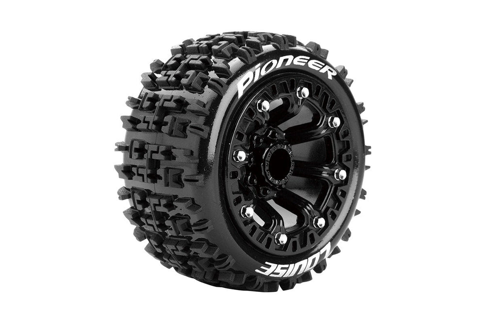 Louise R/C ST-Pioneer 1/16 2.2" Stadium Truck Tires 12mm Hex Soft Mounted Black Rim Pair