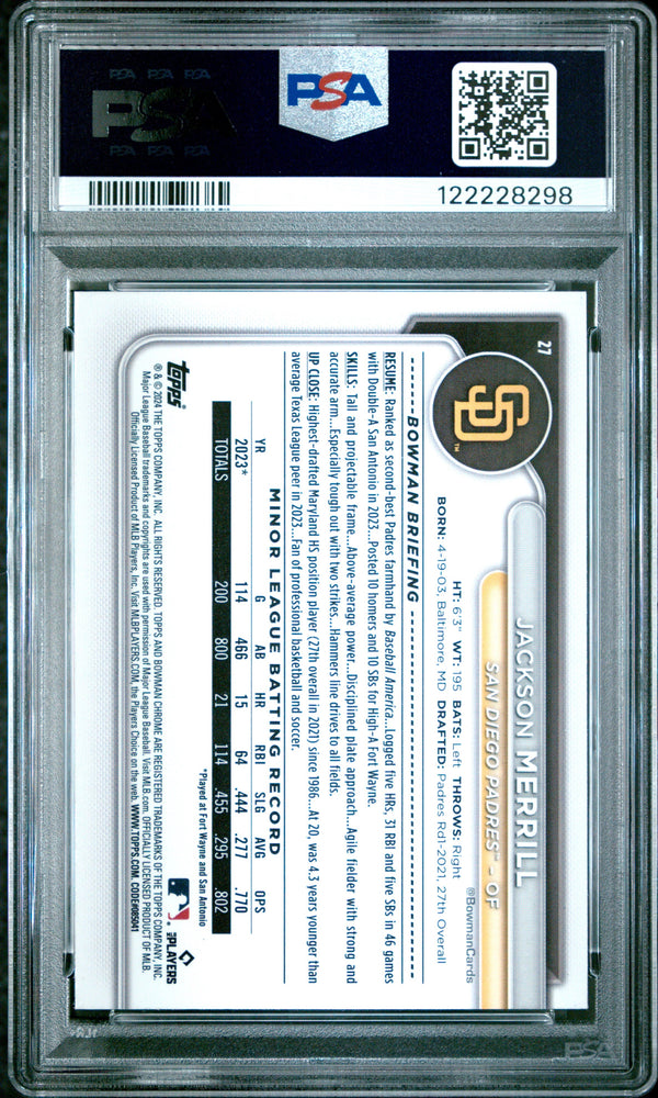 Graded 2024 Topps Bowman Chrome Jackson Merrill #27 Rookie RC Baseball Card PSA 9 Mint