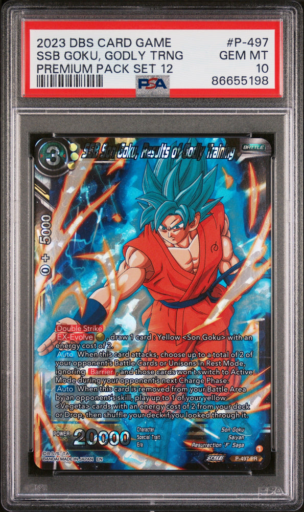 2023 DRAGON BALL SUPER 1 WILD RESURGENCE 12 SSB GOKU, GODLY TRNG #P-497 - PSA 10 (Online Order Only)