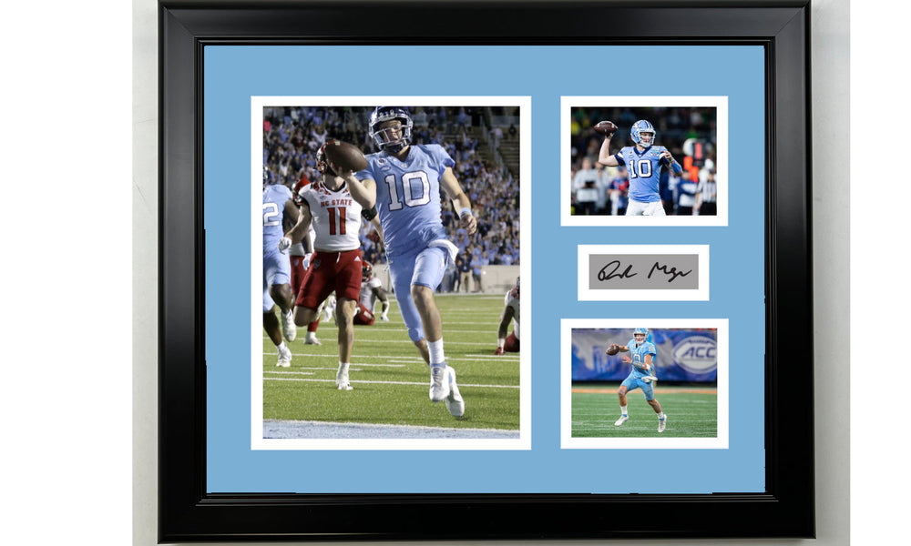 Framed Drake Maye UNC Tar Heels Facsimile Laser Engraved Signature Football 14x11 3 Photo Collage (ONLINE ORDER ONLY)