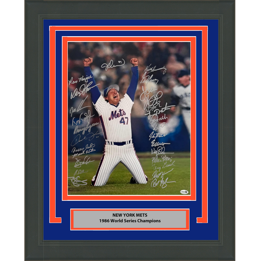 Framed Autographed/Signed 1986 New York Mets Team 26x Sigs World Series Champions 16x20 Baseball Photo JSA COA