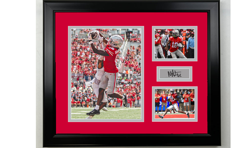 Framed Marvin Harrison Jr. Ohio State Buckeyes Facsimile Laser Engraved Signature Football 14x11 3 Photo Collage (ONLINE ORDER ONLY)