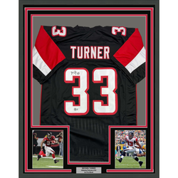 Framed Autographed/Signed Michael Turner 35x39 Atlanta Black Football Jersey Beckett BAS COA