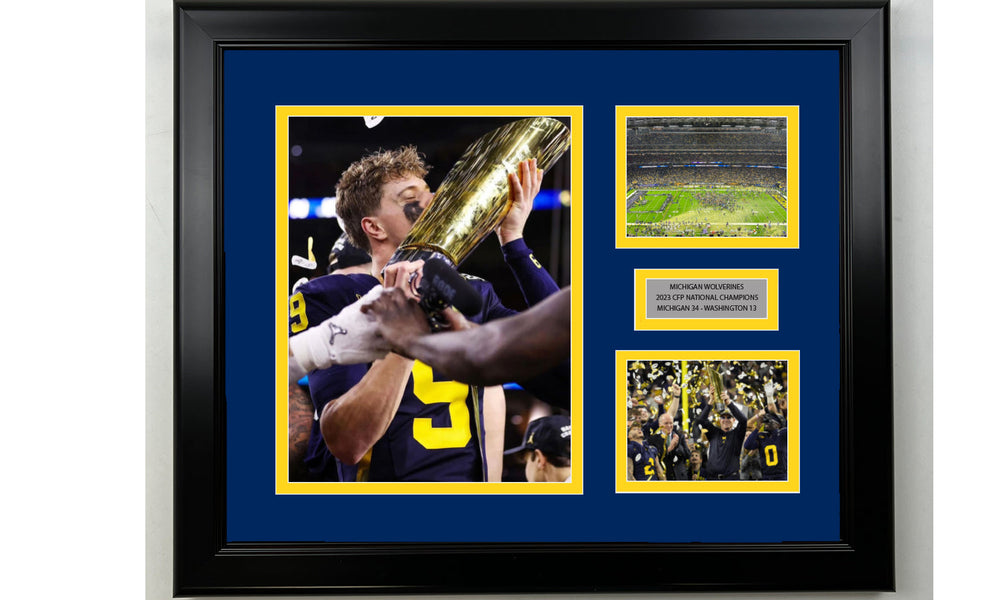 Framed Michigan Wolverines 2023 CFP National Championship Facsimile Laser Engraved Signature College Football 14x11 3 Photo Collage (ONLINE ORDER ONLY)