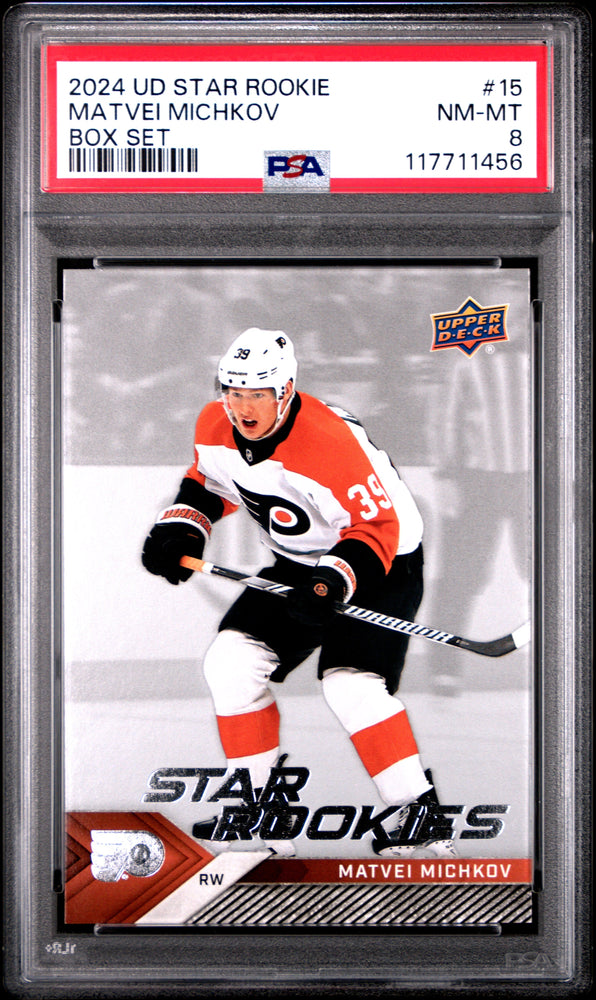 Graded 2024 Upper Deck Star Rookie Matvei Michkov #15 Box Set Rookie RC Hockey Card PSA 8 Near Mint (ONLINE ORDER ONLY)
