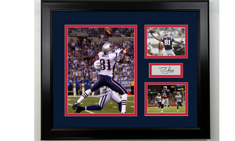 Framed Randy Moss New England Patriots Facsimile Laser Engraved Signature Football 14x11 3 Photo Collage (ONLINE ORDER ONLY)