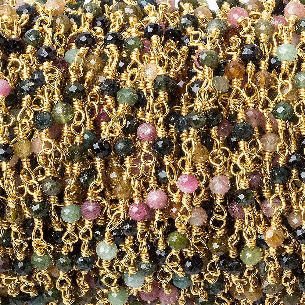 3mm Multi Color Tourmaline micro-faceted round Gold plated Chain by the foot 40 beads (ONLINE ORDER ONLY)