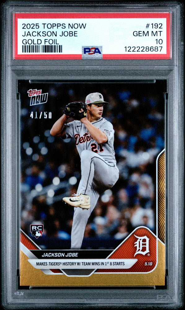 Graded 2025 Topps Now Jackson Jobe #192 Gold Foil /50 Rookie RC Baseball Card PSA 10 Gem Mint (ONLINE ORDER ONLY)