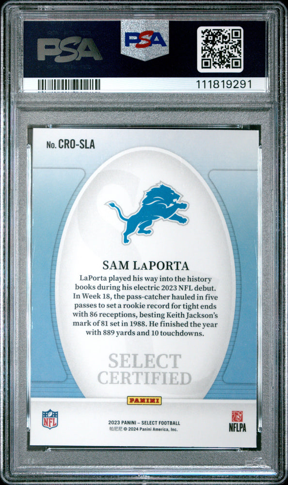 Graded 2023 Panini Select Sam LaPorta #CROSLA Certified Rookies Rookie RC Football Card PSA 10 Gem Mint