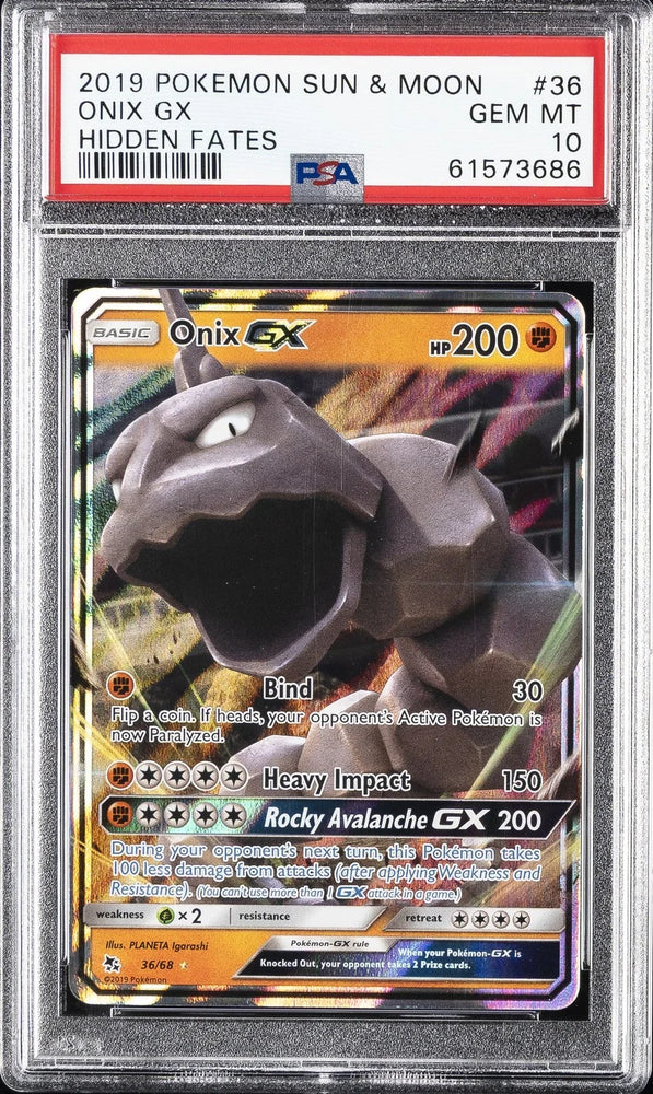 Graded 2019 PKM Sun & Moon Onix #36 Gx Hidden Fates Trading Card Game PSA 10 Gem Mint