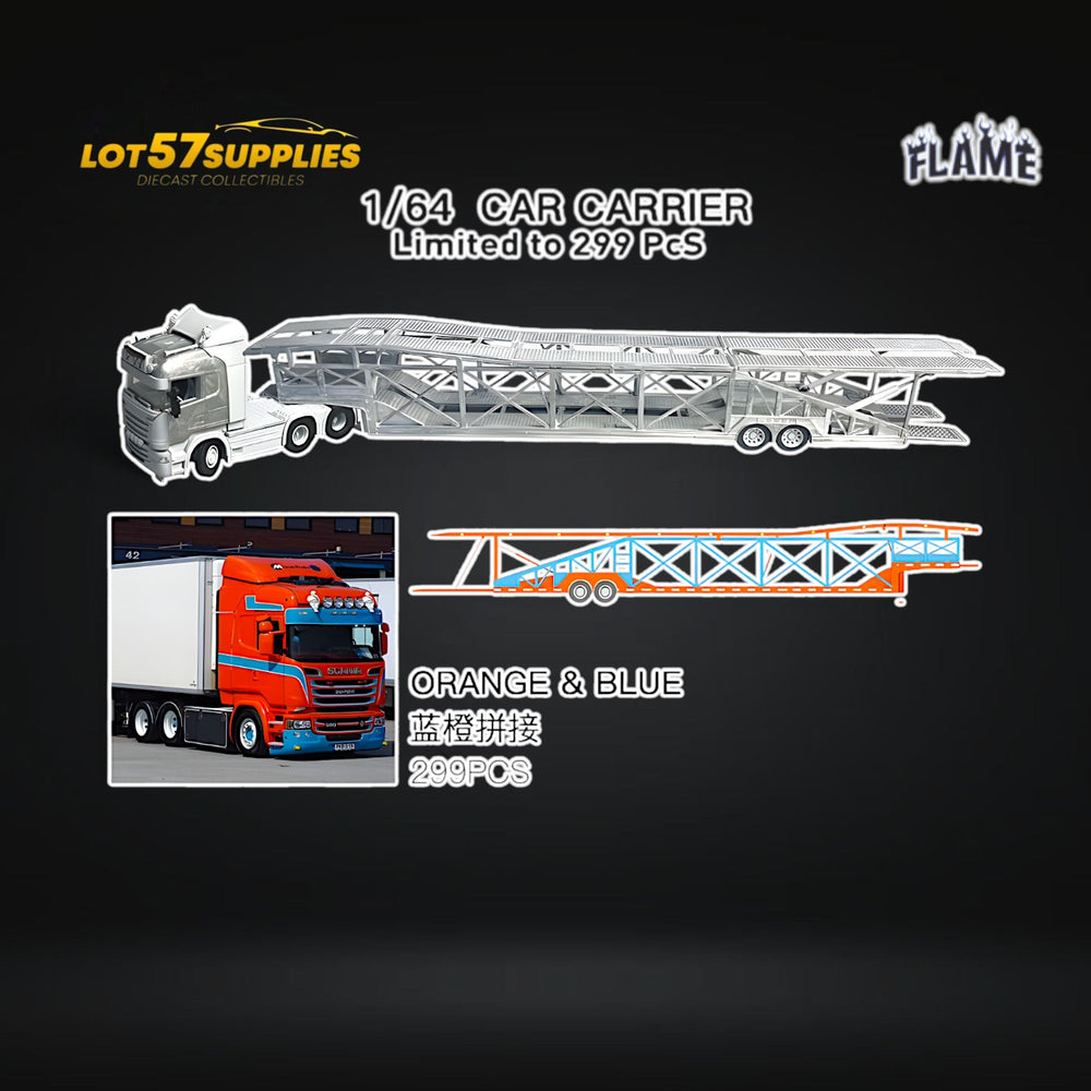 (Pre-Order) Flame Scania Car Carrier Transport Truck Orange Blue 1:64 - Limited to 299 Pcs (ONLINE ORDER ONLY)