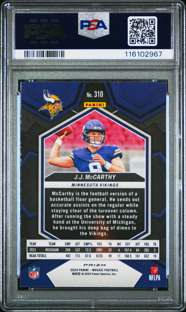 Graded 2024 Panini Mosaic JJ McCarthy #310 Reactive Blue Rookie RC Football Card PSA 10 Gem Mint (ONLINE ORDER ONLY)