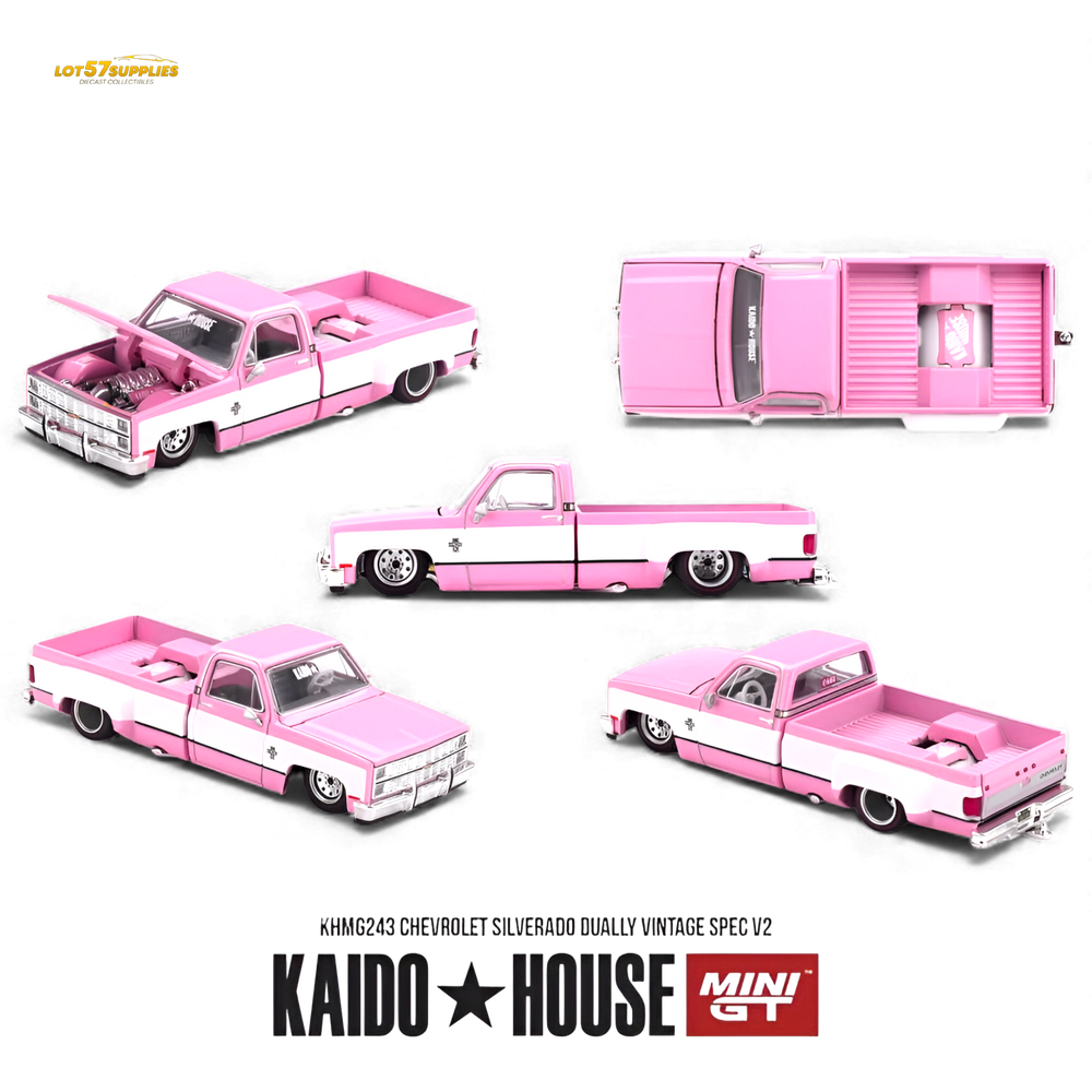 (Pre-Order) Mini GT x Kaido House Chevrolet Silverado Dually Vintage Spec V2 Pink 1:64 (ONLINE ORDER ONLY)