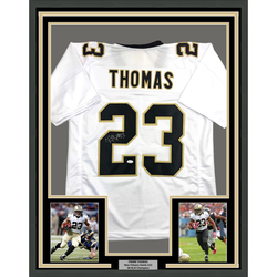 Framed Autographed/Signed Pierre Thomas 35x39 New Orleans White Football Jersey JSA COA