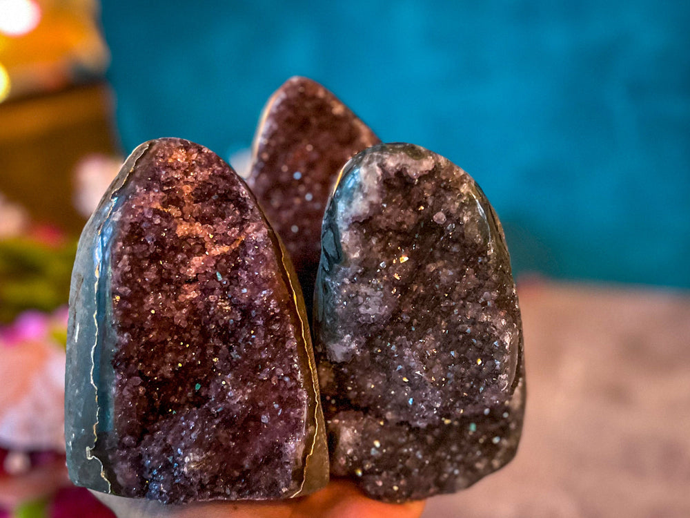 Large Semi Polished Rainbow Amethyst Cathedrals, Pink Amethyst, Raw Black Amethyst Freeforms 500 gram+ (ONLINE ORDER ONLY)