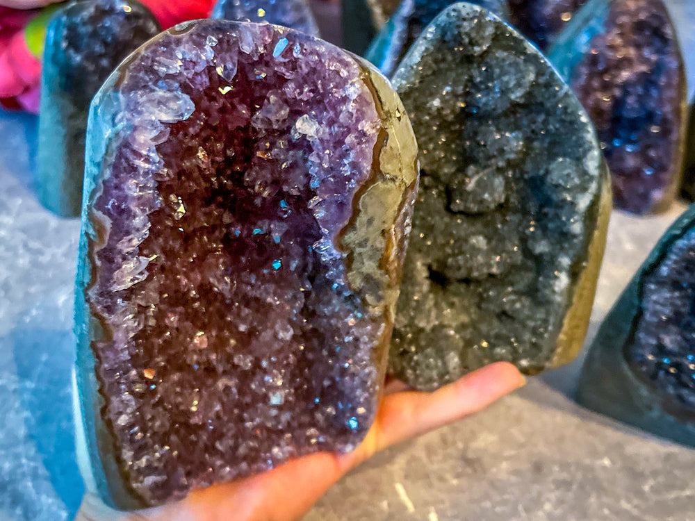 Large Semi Polished Rainbow Amethyst Cathedrals, Pink Amethyst, Raw Black Amethyst Freeforms 500 gram+ (ONLINE ORDER ONLY)