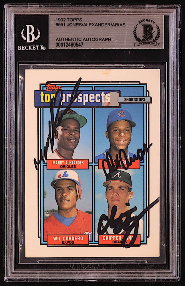 Chipper Jones, Manny Alexander & Alex Arias Signed 1992 Topps #551 Wilfredo Cordero / Chipper Jones / Manny Alexander / Alex Arias (BGS) (Online Order Only)