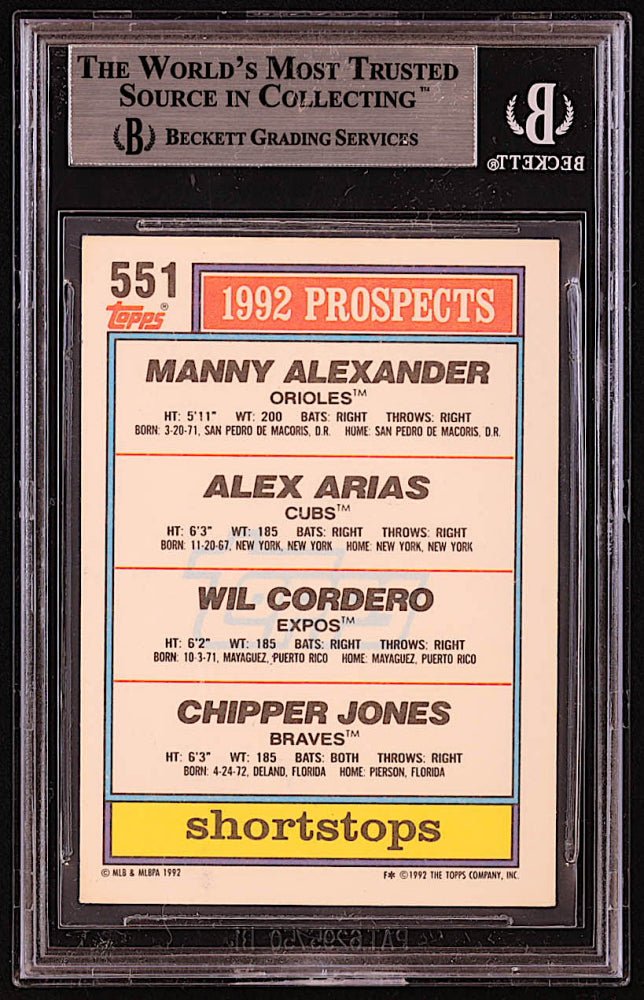 Chipper Jones, Manny Alexander & Alex Arias Signed 1992 Topps #551 Wilfredo Cordero / Chipper Jones / Manny Alexander / Alex Arias (BGS) (Online Order Only)