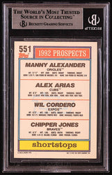 Chipper Jones, Manny Alexander & Alex Arias Signed 1992 Topps #551 Wilfredo Cordero / Chipper Jones / Manny Alexander / Alex Arias (BGS) (Online Order Only)