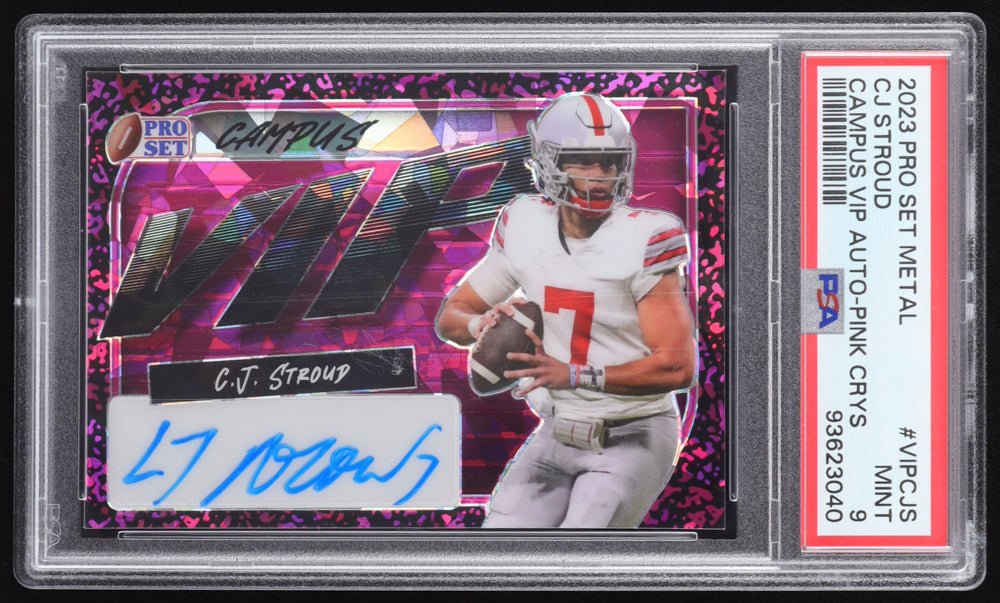 CJ Stroud 2023 Pro Set Metal Campus VIP Autographs Crystal Pink #VIPCJS RC #5/5 (PSA 9) Rookie Card | Serially Numbered #5 / 5 (Online Order Only)