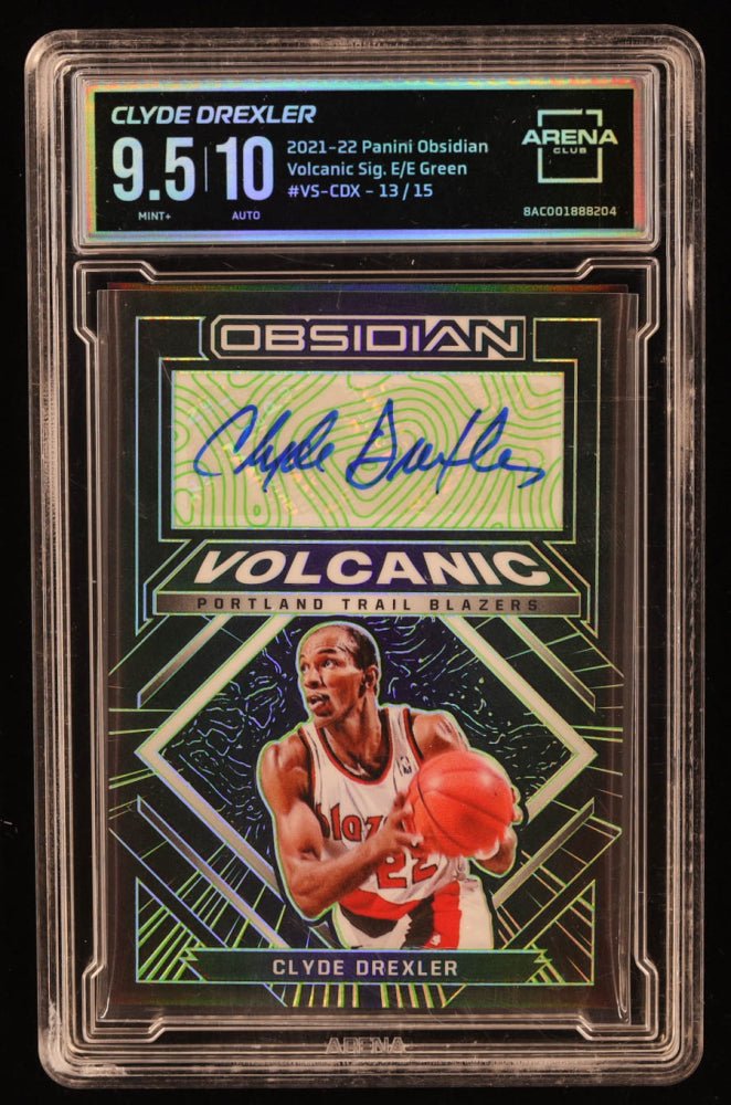 Clyde Drexler 2021-22 Panini Obsidian Volcanic Signatures Electric Etch Green #22 #13/15 (Arena 9.5 | Autograph ) (Online Order Only)