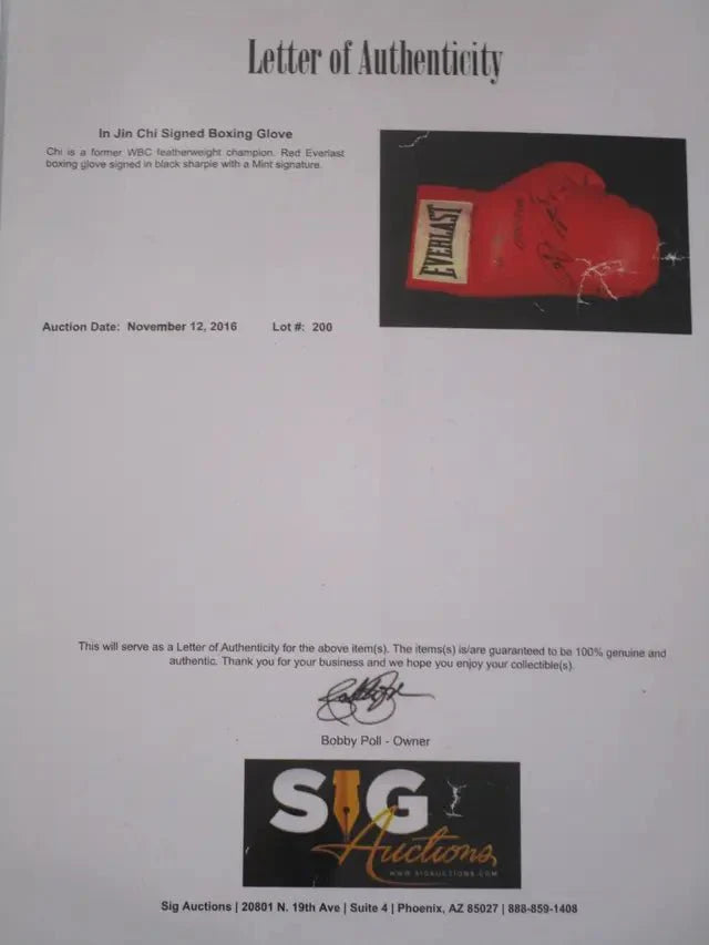 In Jin Chi signed autographed boxing glove Sig LOA (Online Order Only)