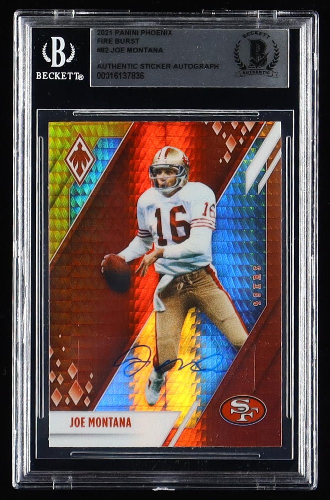 Joe Montana Signed On Sticker 2021 Panini Phoenix #82 Fire Burst (Beckett Encapsulated) (Online Order Only)