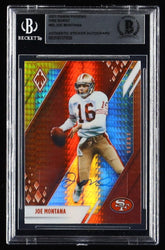 Joe Montana Signed On Sticker 2021 Panini Phoenix #82 Fire Burst (Beckett Encapsulated) (Online Order Only)