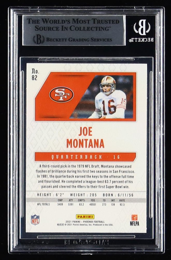 Joe Montana Signed On Sticker 2021 Panini Phoenix #82 Fire Burst (Beckett Encapsulated) (Online Order Only)